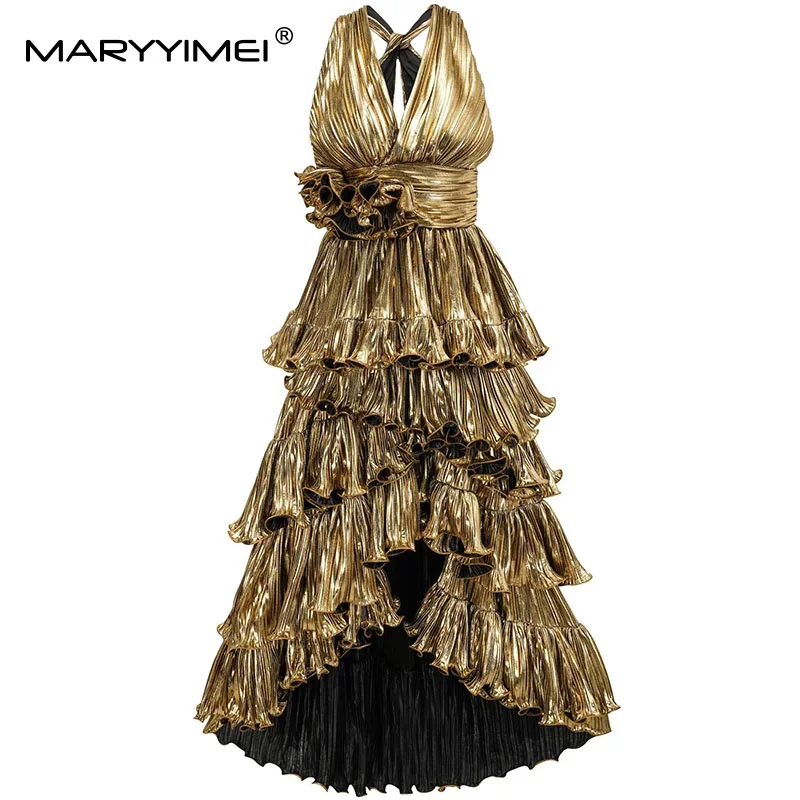 Gedivoen 여성의 우아한 섹시한 v 넥 이브닝 드레스 여름 민소매 솔리드 Flounced Edge 볼 가운 드레스