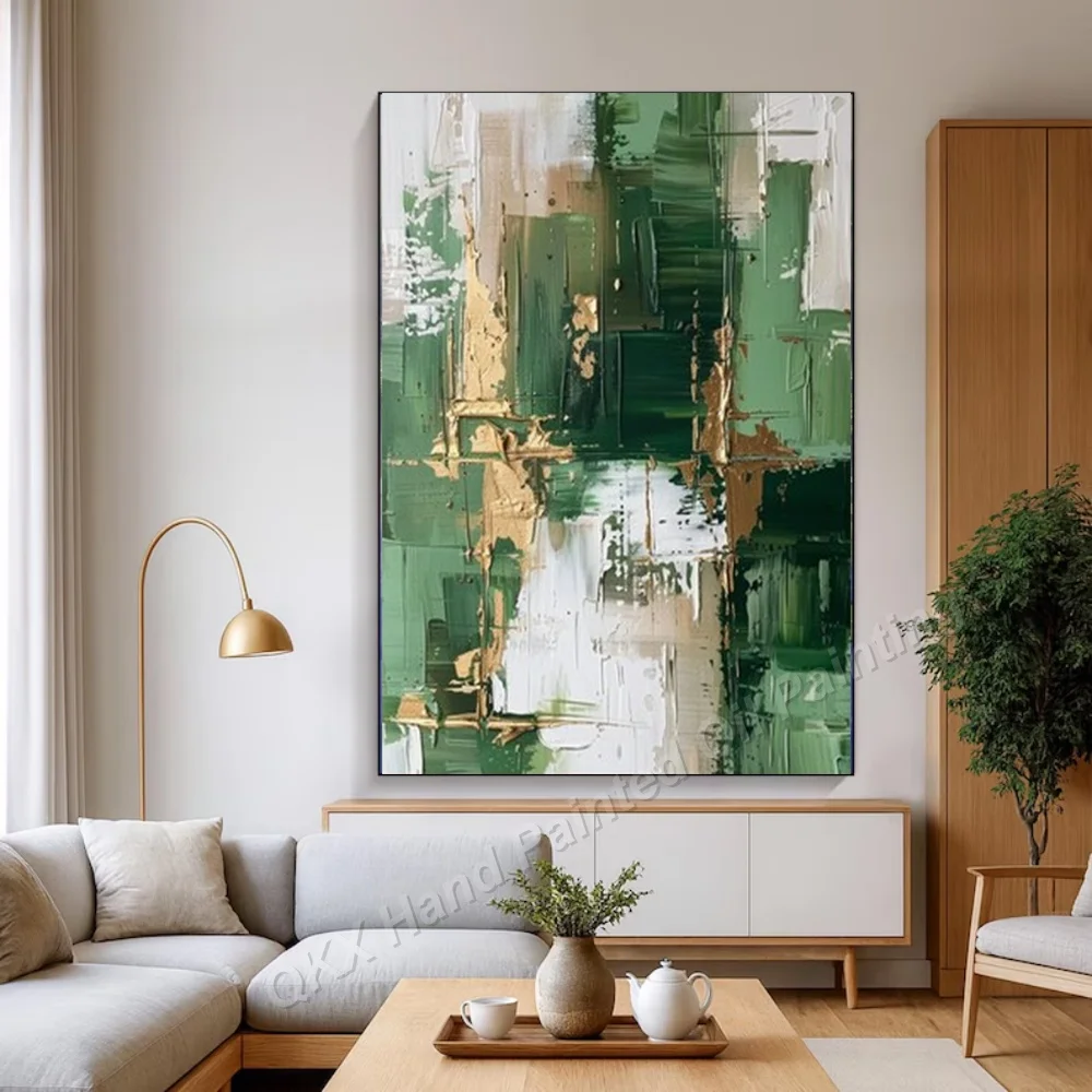 100% Hand-Painted Oil Painting on Canvas Wall Art Decor for Living Room, Modern Emerald Green Textured Abstract Wall Art