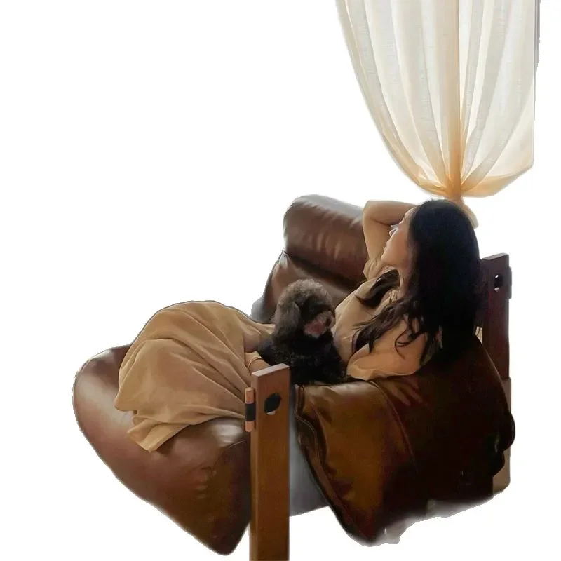 Italian Retro Solid Wood Single Recliner Jersey Fabric Casual Light Luxury Lounge Chair for Living Room