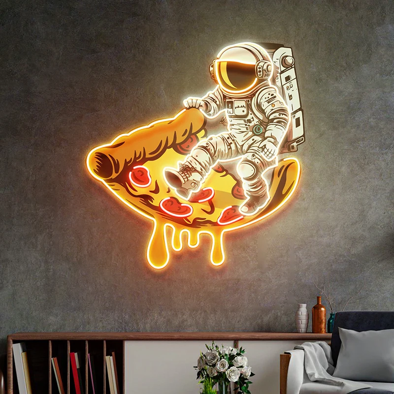 Señal de neón de astronauta en Pizza, logotipo de negocios personalizado, letreros de luz Led, luz de neón espacial, decoración de tienda de Pizza, arte de pared de restaurante