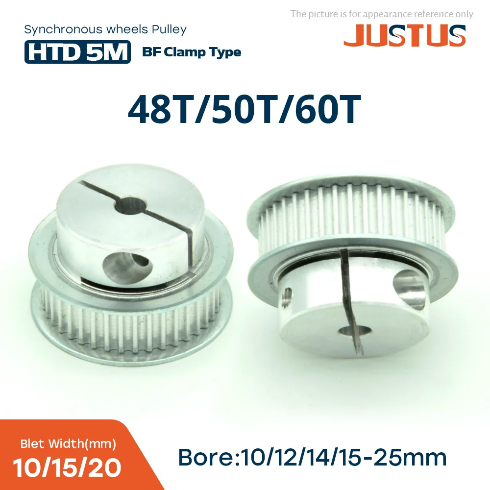 

48T/50T/60 Tooth HTD 5M BF Clamping Type Synchronous Wheels Bore 10-25mm for Belt width 10/15/20mm 3D Printer Accessories