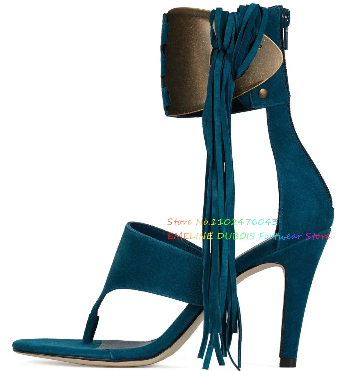 Brown Suede Metal Ornament High Heel Sandals Women Round Toe Stiletto Heel Fringe Detail Pinch Toe Ankle Strap Runway Shoes view 3