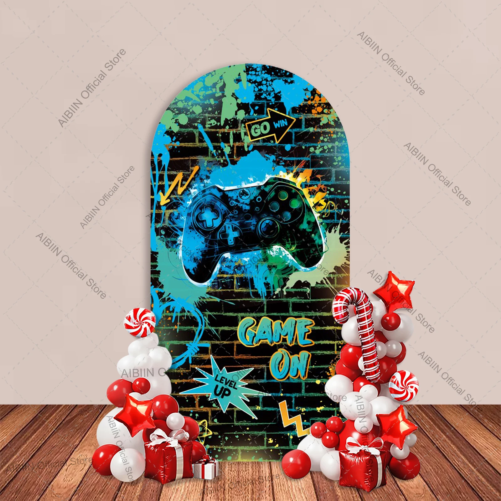 Happy Birthday Game Arch Backdrop Cover Watercolor Brick Wall Play Game Level Up Cake Party Decor Kids Portrait Background