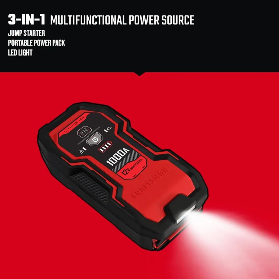 Lithium Jump Starter and Portable Power Pack CMXCESM263 3-in-1 2.4 Amp USB Port LED Light 1000 Amps 12 Volt for Motor