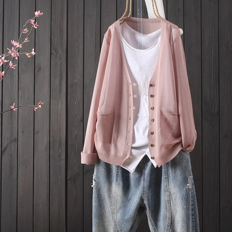 

Cotton Linen Lightweight Women Sweater Cardigan Summer 2022 Solid V-Neck Long-Sleeved Casual All Match Female Outwear Coats Tops