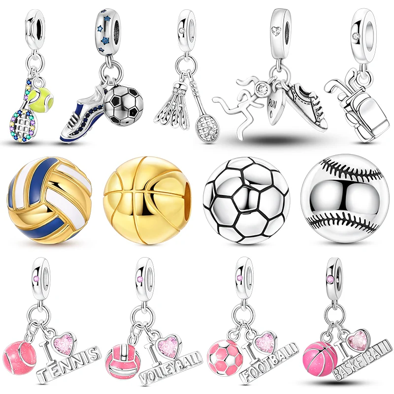 925 Sterling Silver Charms Beads Sport Basketball Football Tennis Volleyball Golden Pendant Fit Women Girl Fine Jewelry