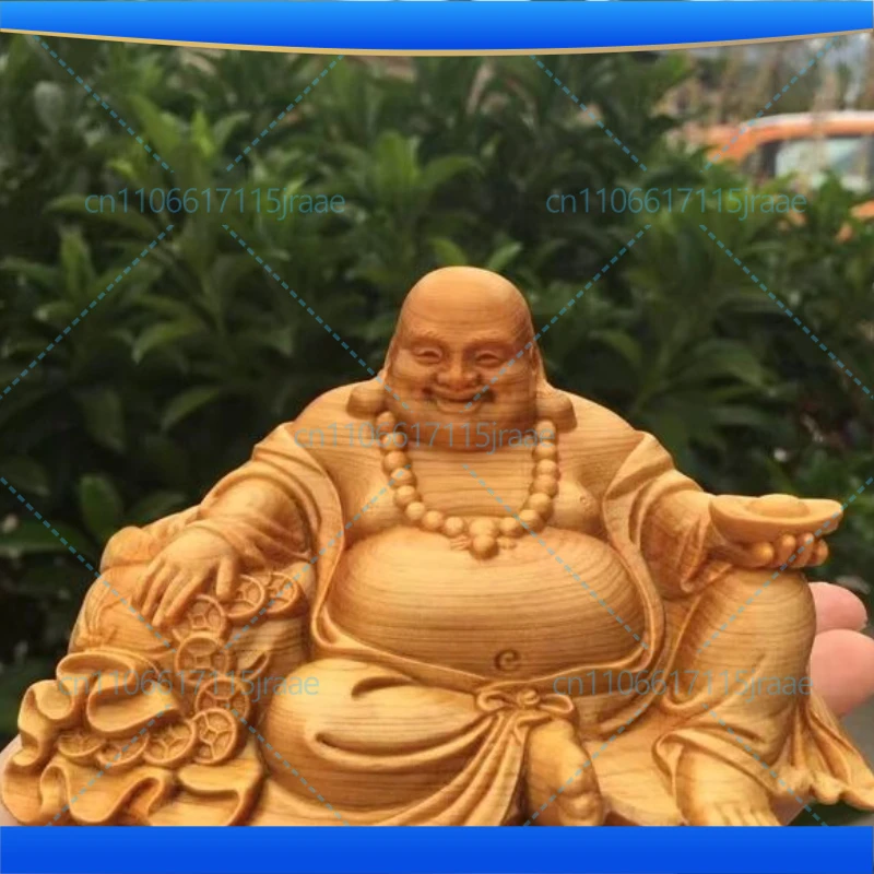 Natural Cypress Ingot Maitreya Buddha  Statue Chinese characteristic wood carving Home, Room, Office, God of Wealth Accessories