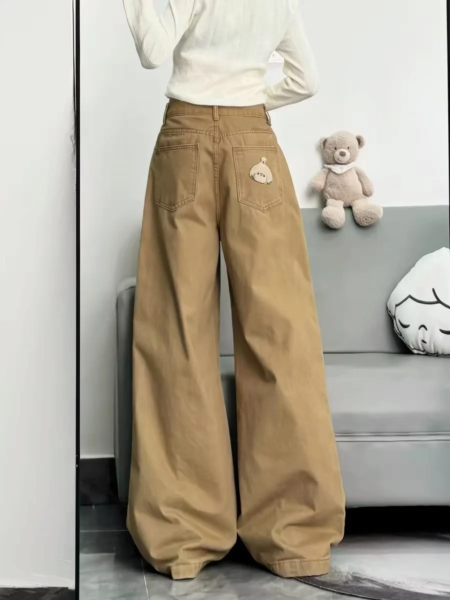 Retro Kaki Bear Embroidery Wide Leg Pants Women's Loose BF Lazy Draping Long Pants Casual High Waist Denim Casual Loose Fit