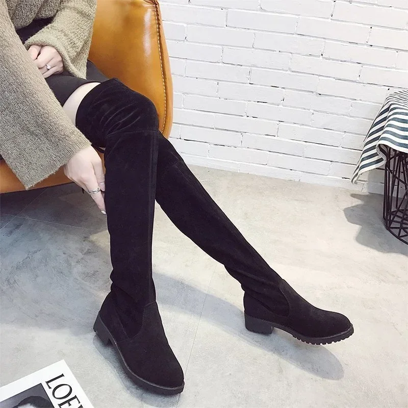 Autumn Faux Suede Women Heels Zipper Elastic Knee High Boots Women Tube Lace-up Thigh Gigh Boots Black Botas Mujer Female