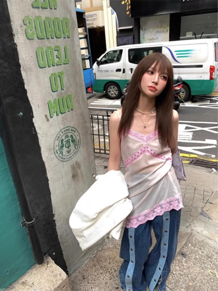 Korobov Pink Harajuku Slip Dress Korean Fashion Camis Y2k Suspender Skirt Vintage Sexy Casual See Through Lace Patchwork Tees