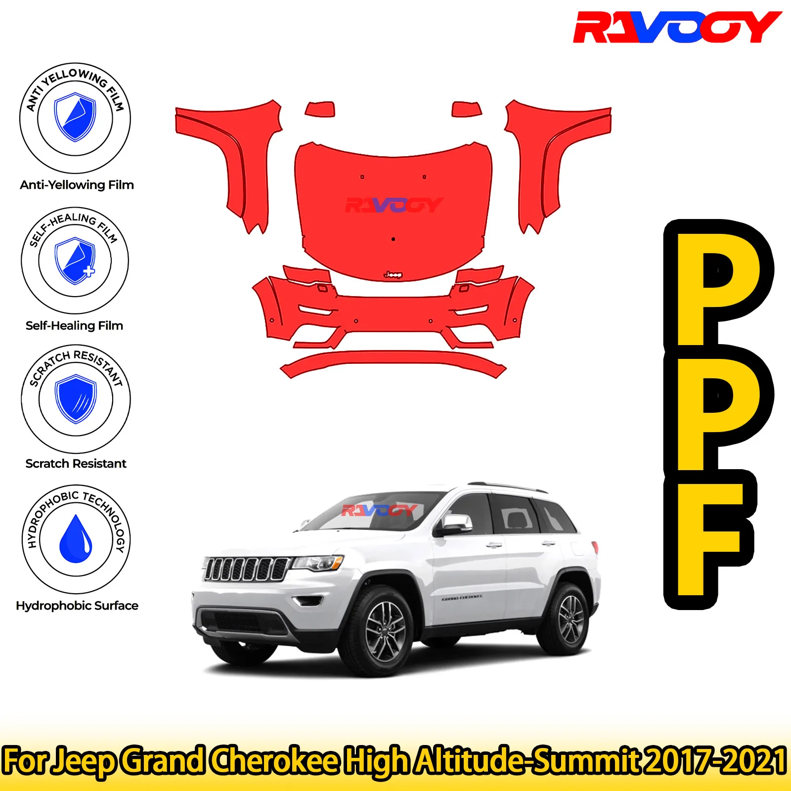 

For Jeep Grand Cherokee High Altitude-Summit 2017-2021 Glossy Matte Black Precut front PPF Kit Paint Protection Film