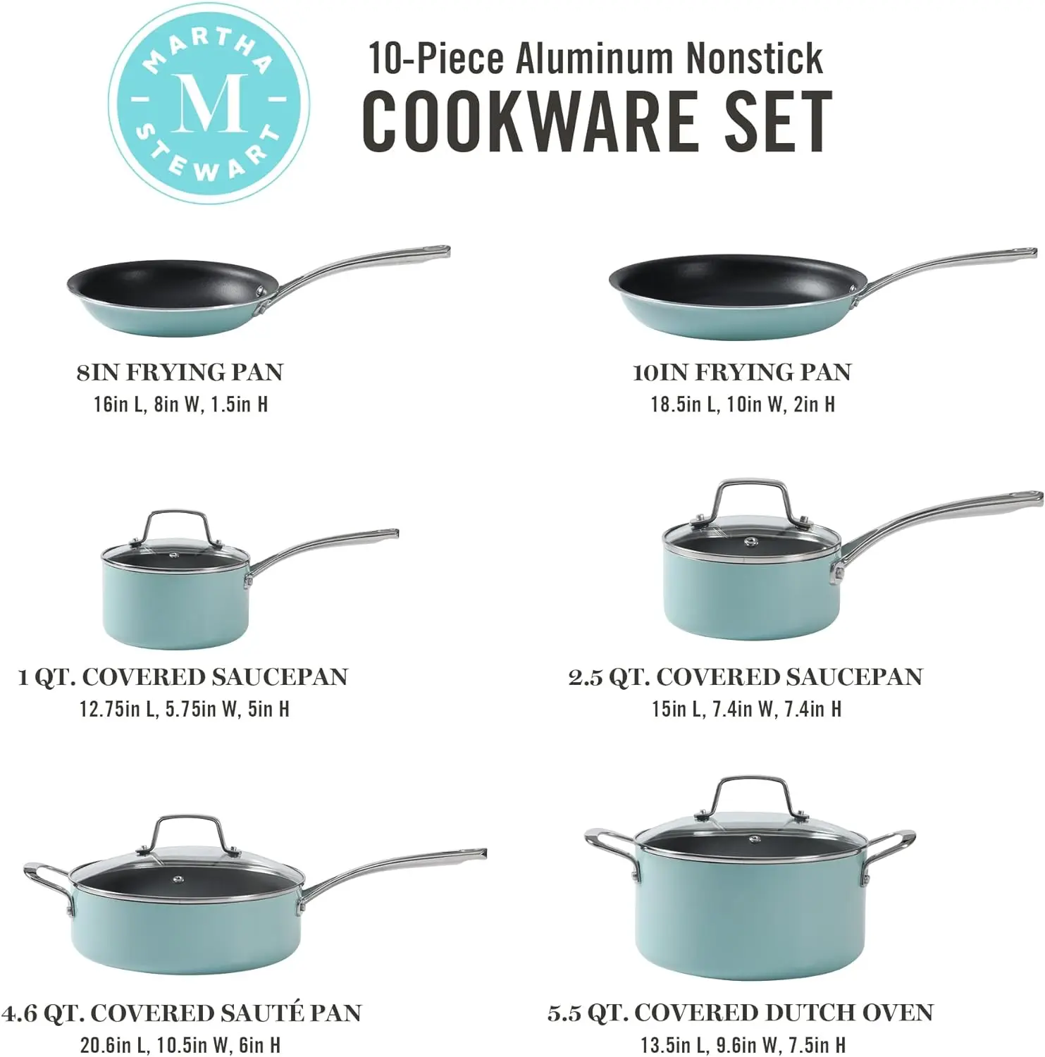 Lockton Premium Nonstick 10 Piece Enamel Heavy Gauge Aluminum Pots And Pans Cookware Set - Martha Blue