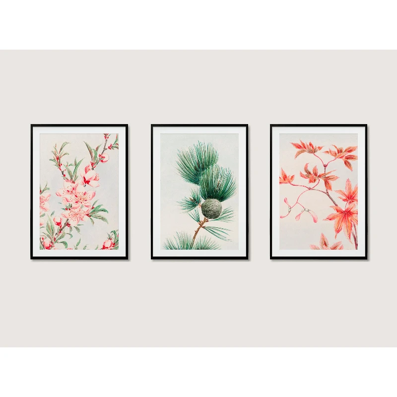 3pcs frameless Canvas Painting 3pcs Japanese Retro Botanical Art Poster | Modern Pink Floral Canvas Wall Art | Home Decor for Li