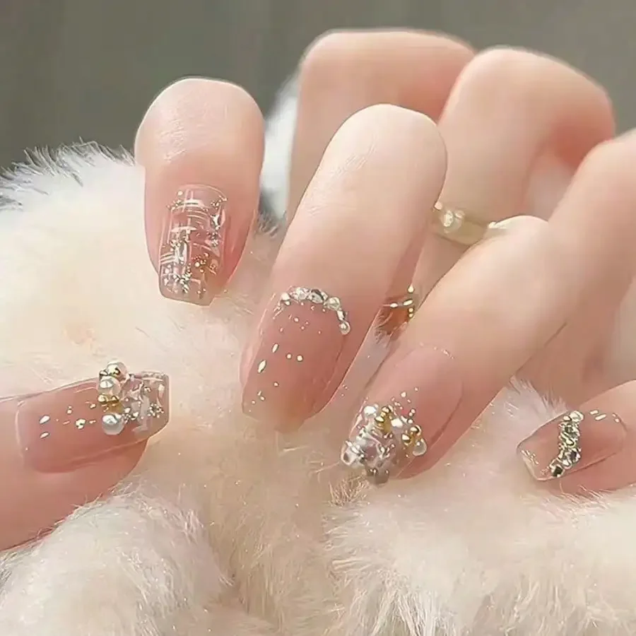 

24 шт. накладных ногтей Ballerina Press On Nails, с блестками, жемчужным эффектом, нюдово-розовые, белые, в стиле Chanel, полное покрытие, простое самостоятельное нанесение для женщин, бесплатная доставка