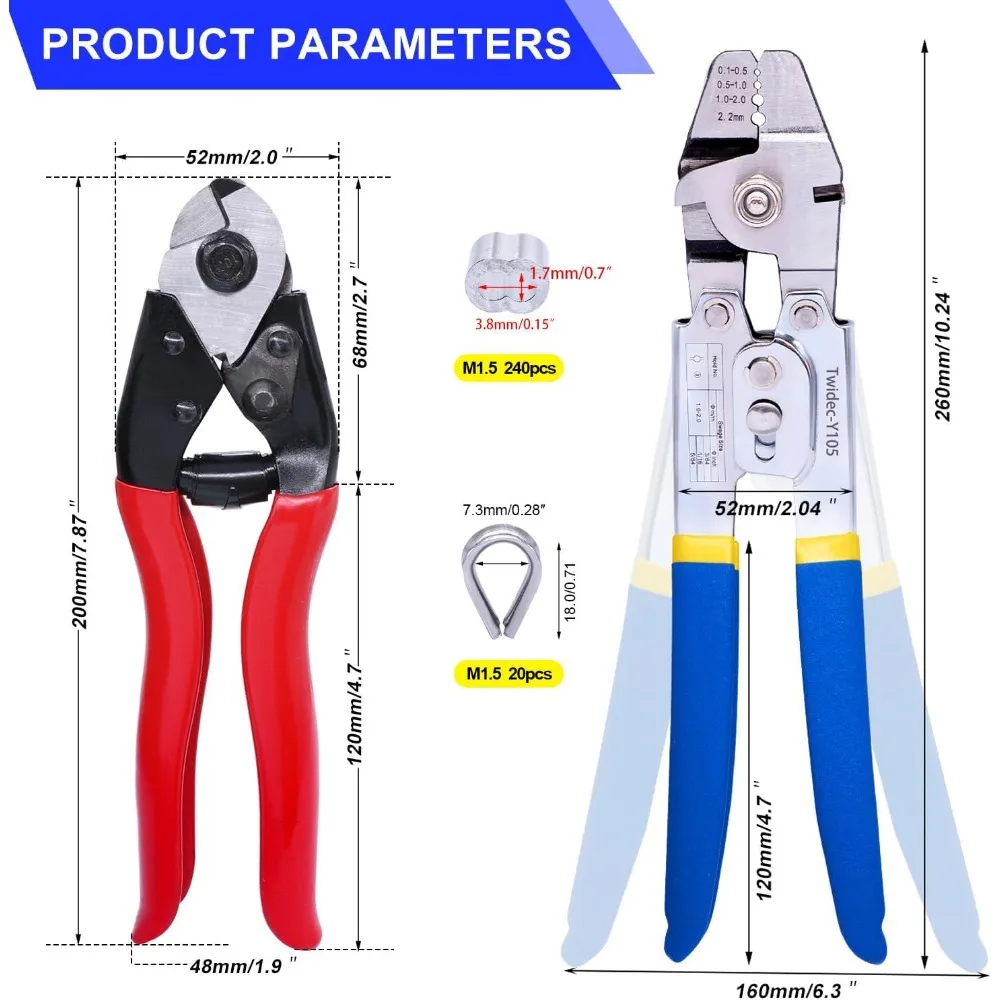 Wire Rope Crimping Tool Kit with 240 Sleeves, 165FT Cable, Thimbles & Cutter for DIY and Industrial Use