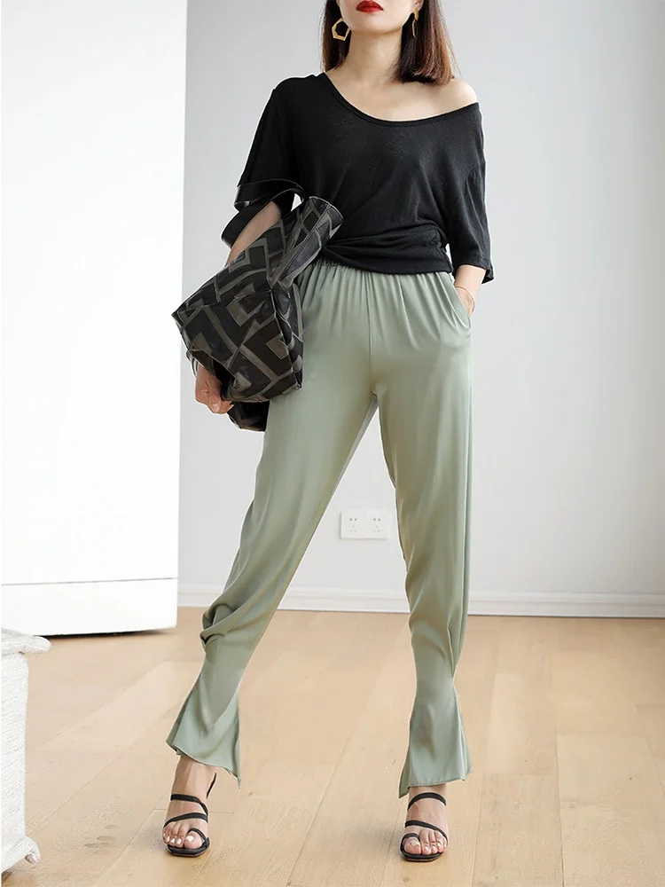 

Lemon Chen Airy Long Pants 9 Momme Silk Satin Cuffed Casual Trousers Ele Simple Sle l Waist Summer Collection