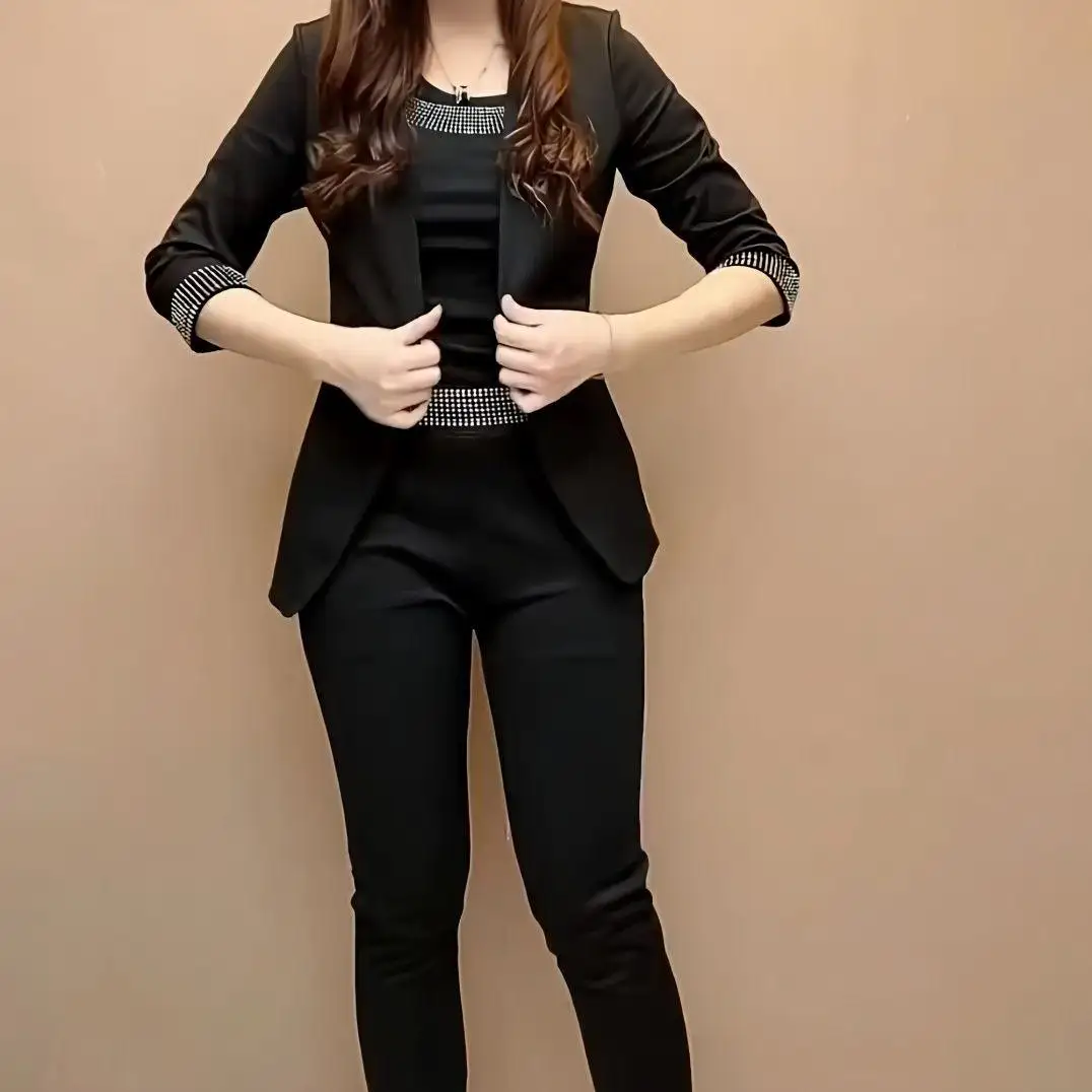 Elegant Slim Fit Rhinestone Embellished Vest Top And Bottoms Three Piece Set 300g Cotton Blend Roman Style Women's Suit