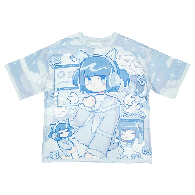 Summer Trendy Japanese Y2K Pixel Style Blue White Girls Printed T-shirt Kids/Adult Anime Harajuku Style Cool Loose Short Sleeve view 5