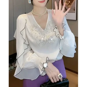 Frauenbluse mit gekräuselten Pailletten, V -Neck T -Shirt, lange Tops, Chic, Fee, Weiß, Büro, elegant, Lady, Party, Mode 12 Hauptverkäufe von Branco Branco - №10