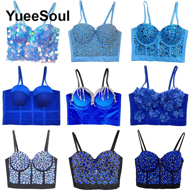 الأزرق المحاصيل القمم الفاخرة حفل زفاف نادي الشاطئ رداء علوي من دون أكمام للنساء 2025 صيف جديد Y2K الحلو لطيف مثير مشد بوستير الشارع الشهير