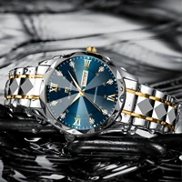 Montre de luxe en acier inoxydable pour homme, diamant, eau, lueur nocturne, double calendrier, mouvement à quartz, bleu, or, mode, affaires, 41mm 2