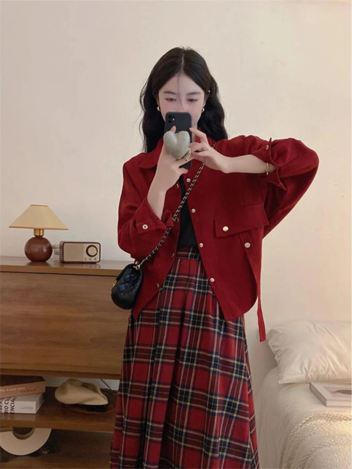Retro Red Plaid Women's Midi Skirt High Waist A-Line Skirt Trendy plus Size Cover Hip Spring Autumn Winter New Arrival