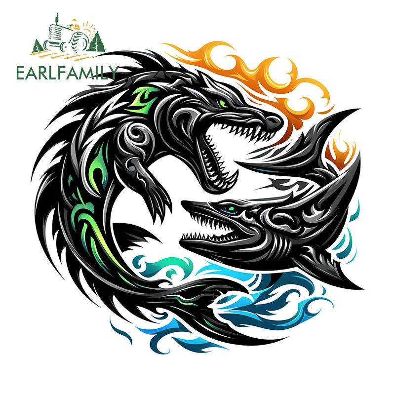 

EARLFAMILY Black and Green Shark and Crocodile Car Stickers Occlusion Scratch Caravan ard Suitcase Trunk Decal Amusing Car Label