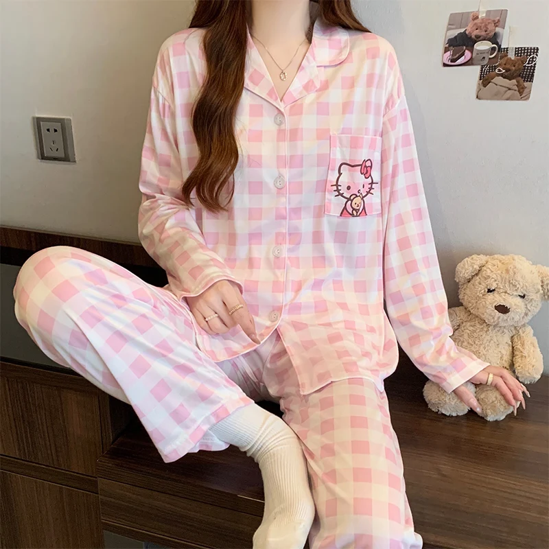 

Женский пижамный комплект Hello Kitty и клетчатый пижамный комплект, зимняя одежда для сна в клетку, домашняя одежда с длинными рукавами, осенняя одежда для дома, корейская мода