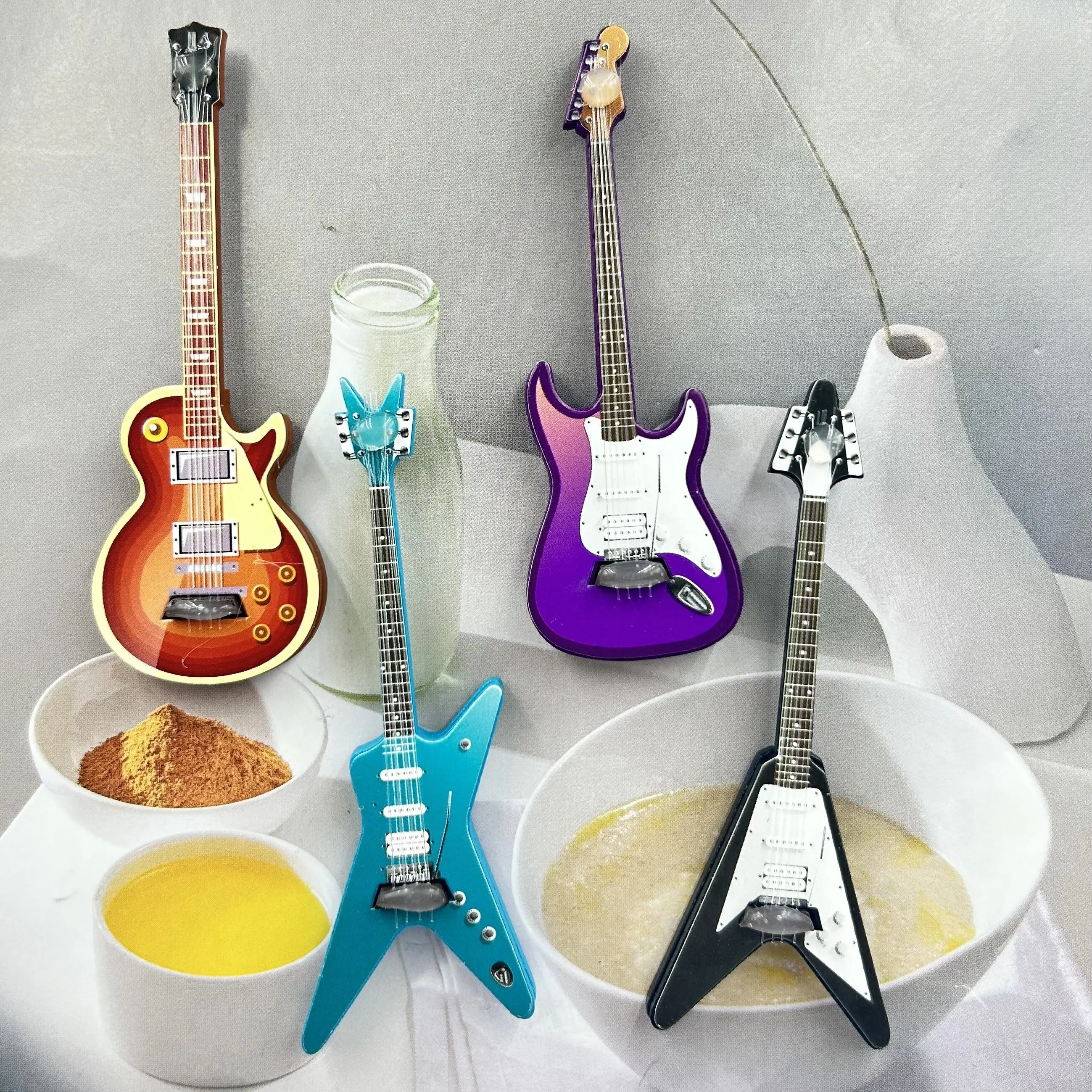 4 قطع من ملصقات ثلاجة الجيتار الكهربائي، ملصقات ثلاجة مزخرفة، مغناطيس مكتب لطيف، مغناطيس ديكور منزلي