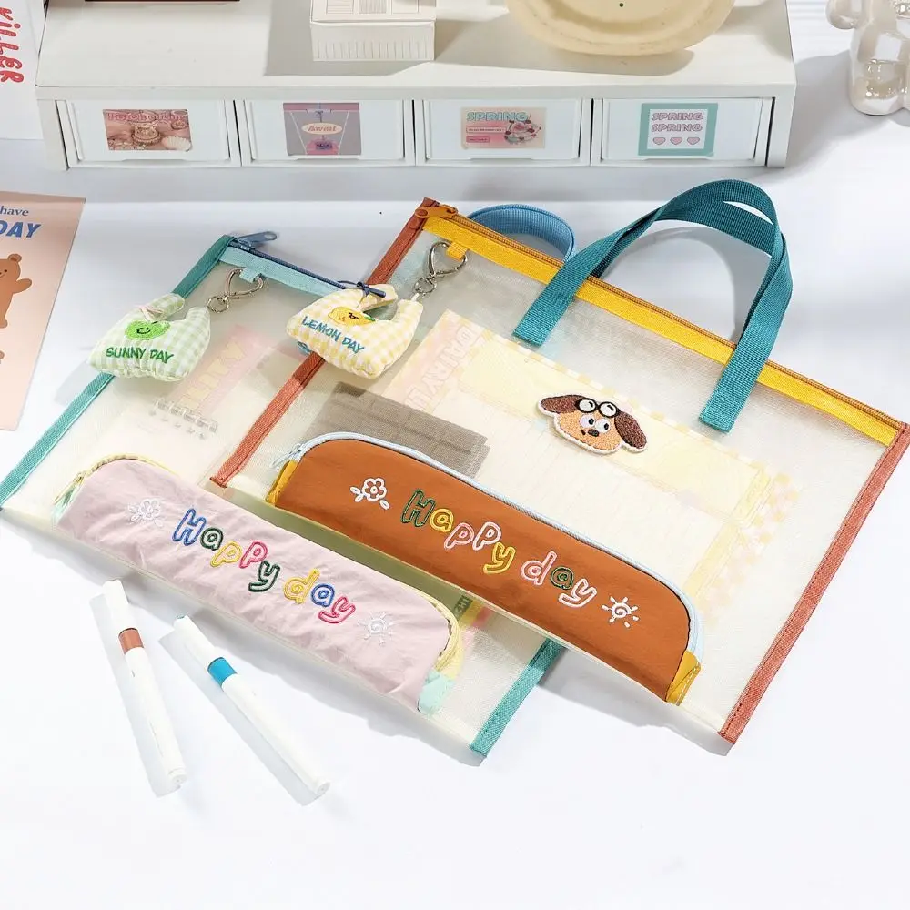 Kawaii Mesh Document Bag Clear Visible Handheld File Bag with Pencil Case Tuition Bag School Office view 5