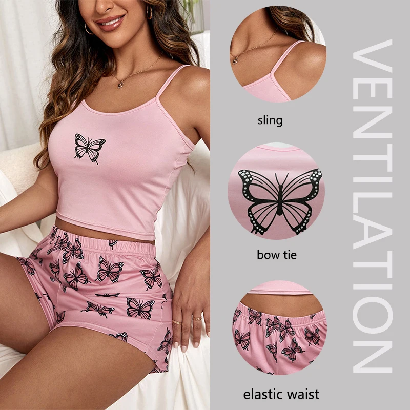 Two-Piece Set Camisole Tops Shorts Loungewear Women Pajamas Soft Print Butterfly Sweet Wind Suspenders Sleepwear Outside Sexy