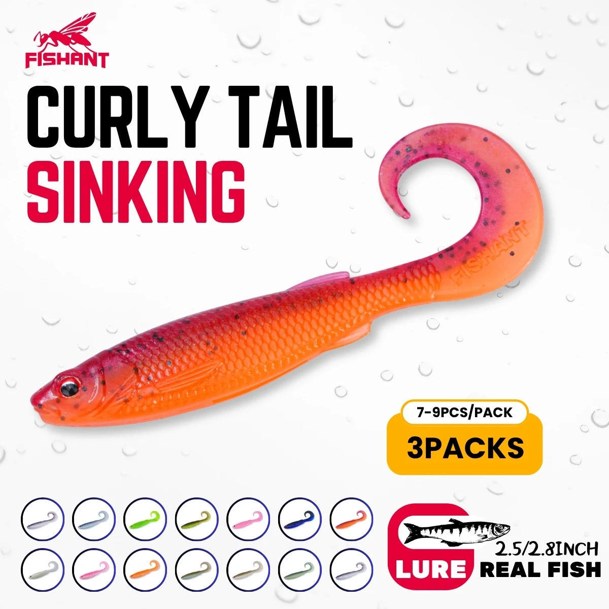 Fishant Curly Tail Sinking Soft Lures, 2.5"/2.8" Lifelike 3D Eye Worm Lure for Finesse Fishing Mandarin Bass Texas Drop Shot Rig
