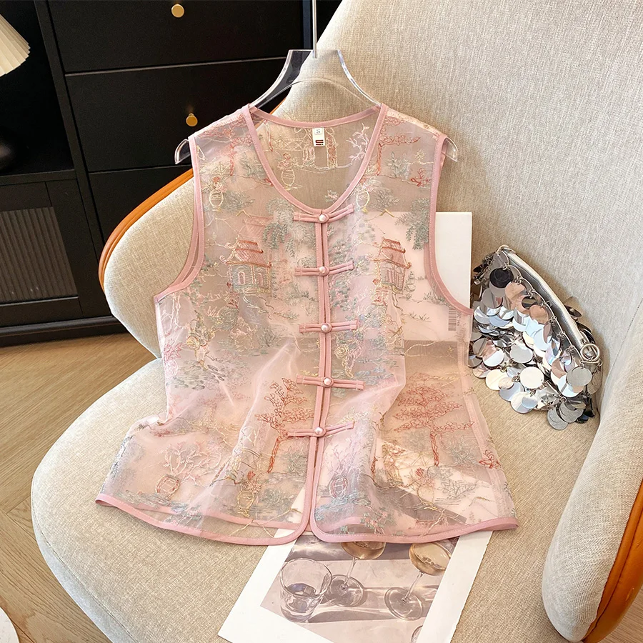 New Chinese Style round Neck Satin Top Handmade Beaded Ladylike Embroidery Mesh Vest Thin Summer Fashion Women's Clothing