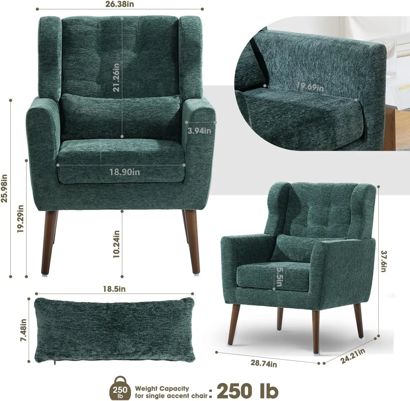 Accent Chairs Set of 2 for Living Room Chenille Upholstered Mordern Armchair Comfy Soft Padded Lounge Blackish Green