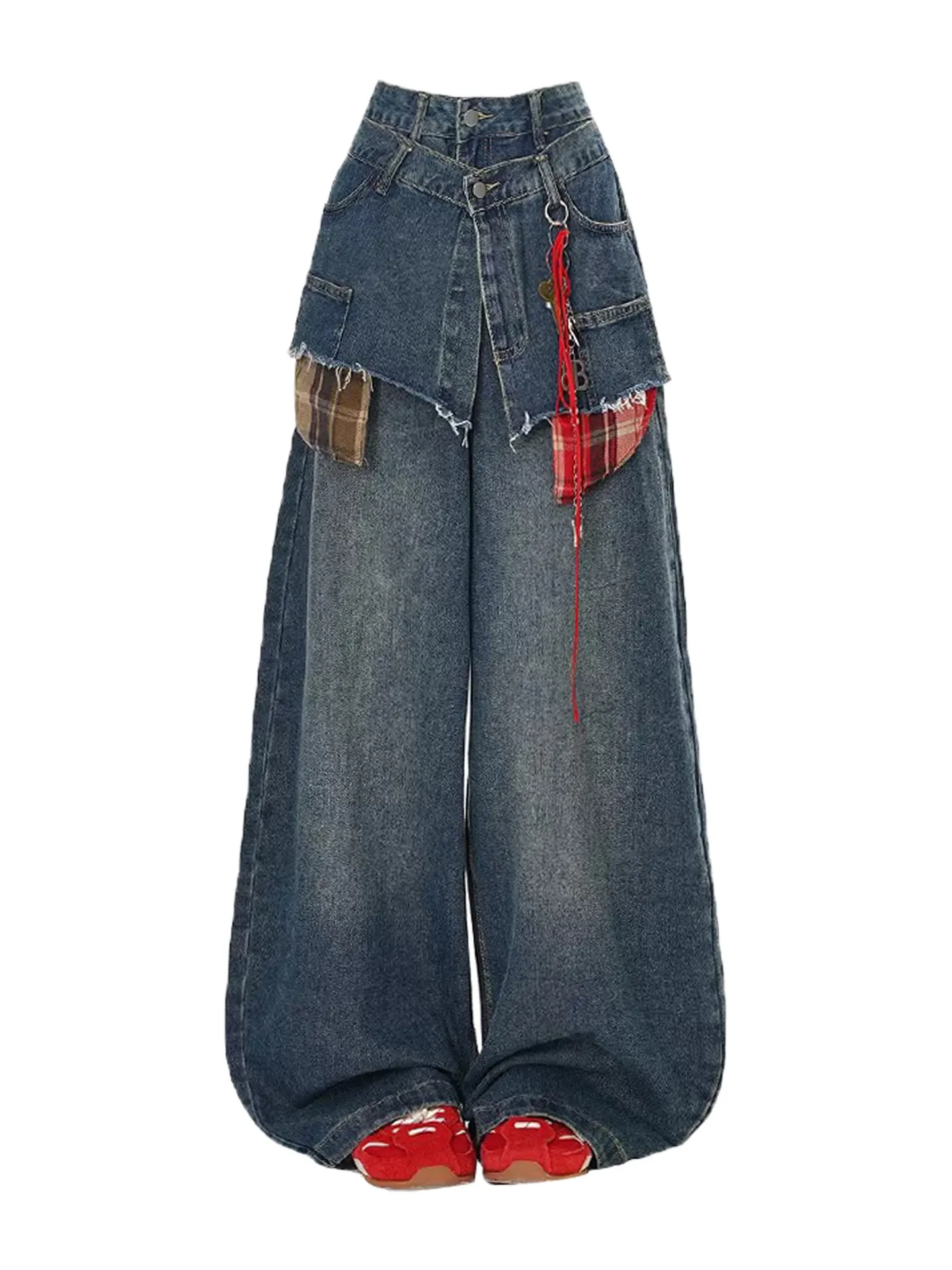 Women Blue Plaid Patchwork Y2k Baggy Jeans with Skirt Vintage Harajuku Grunge Oversize Jean Pants Wide Leg Denim Trousers Summer