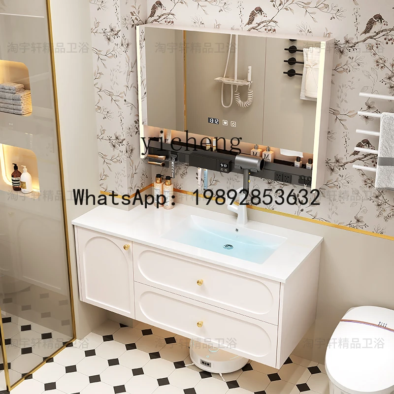B1 New Bathroom Cabinet Rock Slab Basin Ceramic Integrated Basin Bathroom Solid Wood Washbasin Cabinet Combination