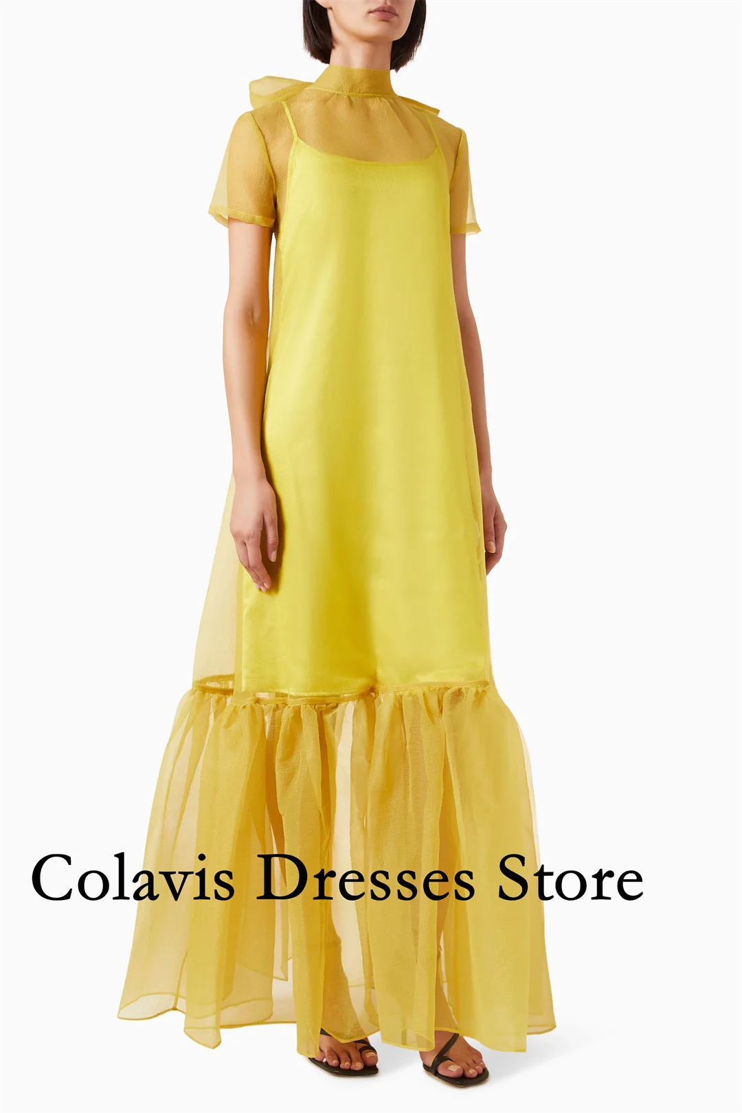 

2025 Customized Gold Yellow High Neck Maxi Dress in Organza Prom Dresses Evening Dress Women Evening Gowns Formal Party Dress