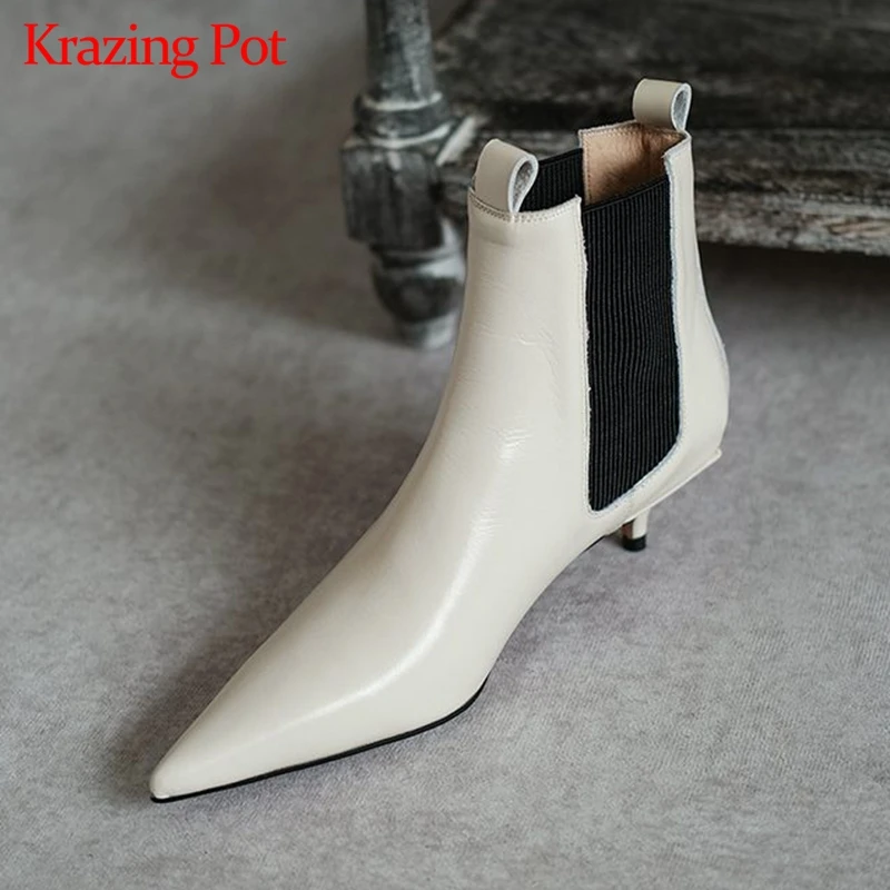 Krazing Pot 2025 Cow Leather Pointed Toe Strange Med Heels All-match European Concise Dress Party Brand Office Lady Ankle Boots