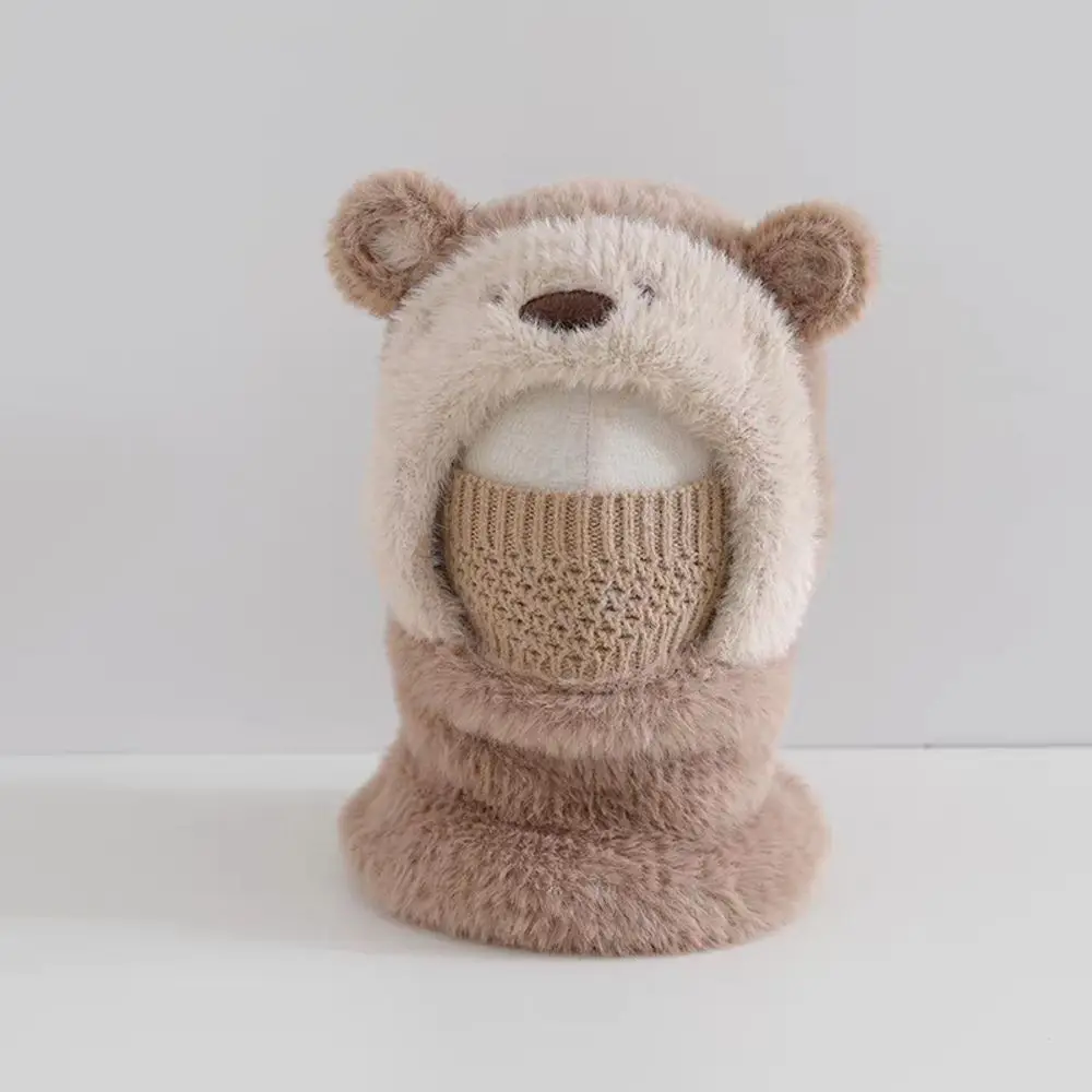 Polyester Kids Bear Hat Scarf Set Ear Protection Windproof Integrated Scarf Mask 46-52CM Face Covering Thick Warm Earflap Hat