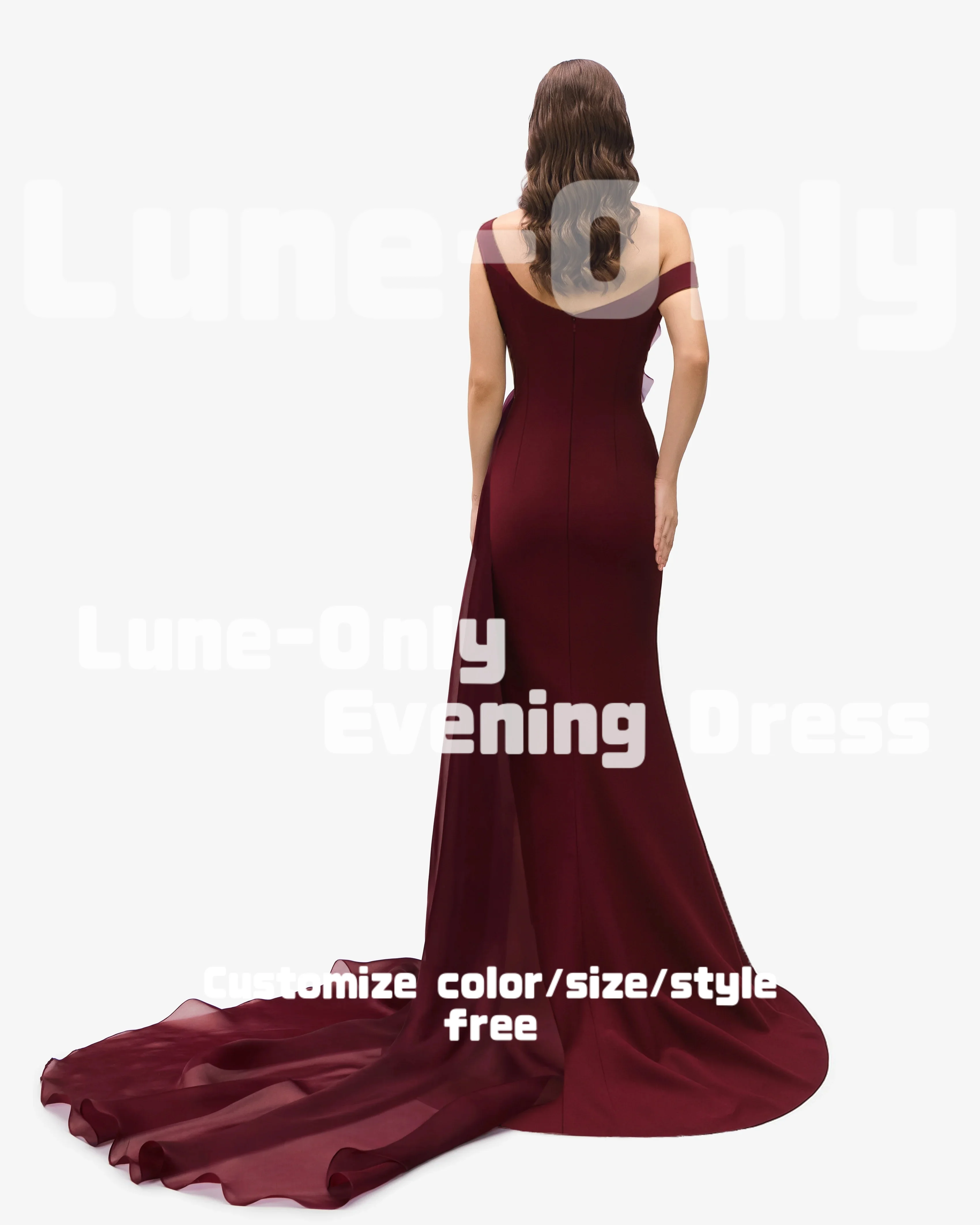 カスタマイズされたブルゴーニュオフショルダーエレガントな女性のイブニングドレスフォーマルな機会のためのオーガンザフリルウエディングドレスパーティードレス