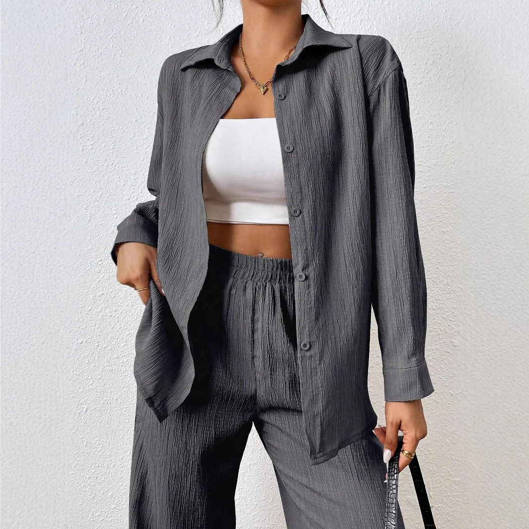 Womens Fall Clothes 2025 Solid Color Lapel Button Long-sleeved Shirt + Elastic Waist Wide-leg Trousers Loose 2 Piece Set Outfit