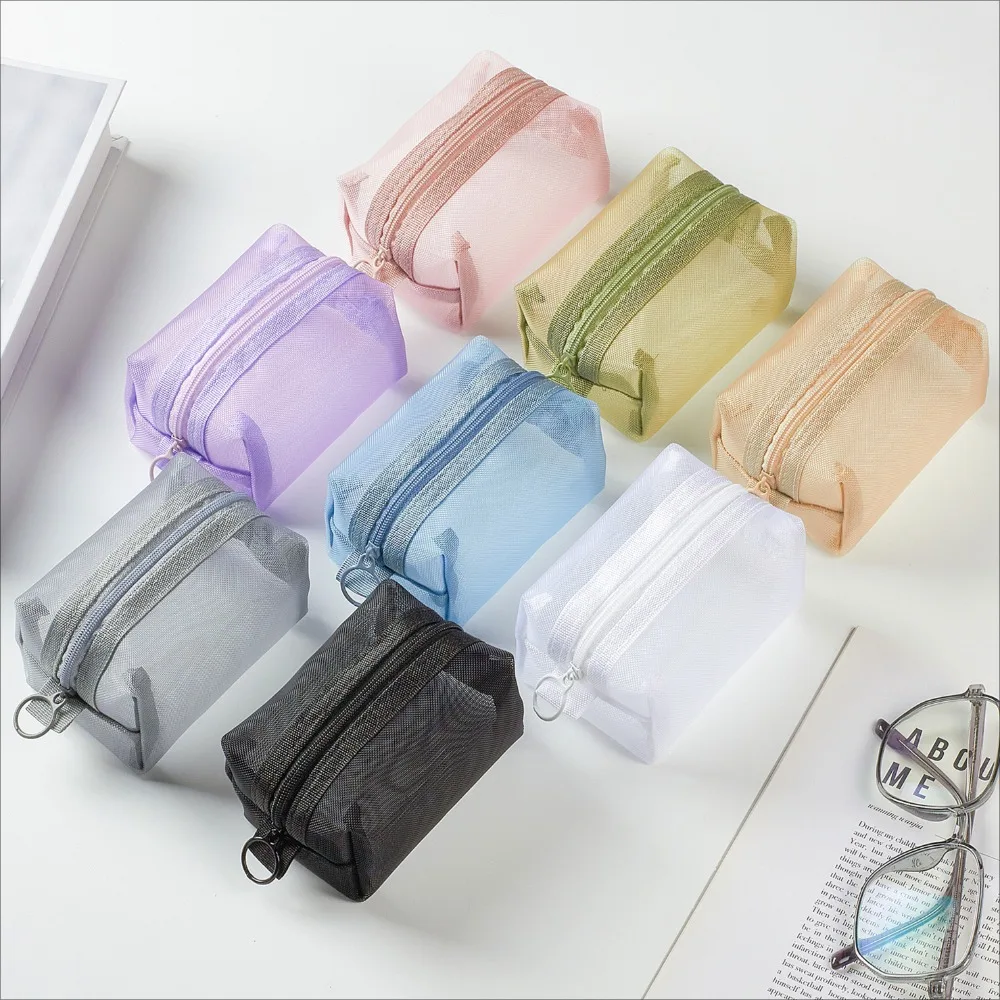 

Portable Mini Clear Zipper Storage Bags Travel Square Nylon Mesh Coin Purse Large Capacity Key Earphone Organizer Pouch Card Bag