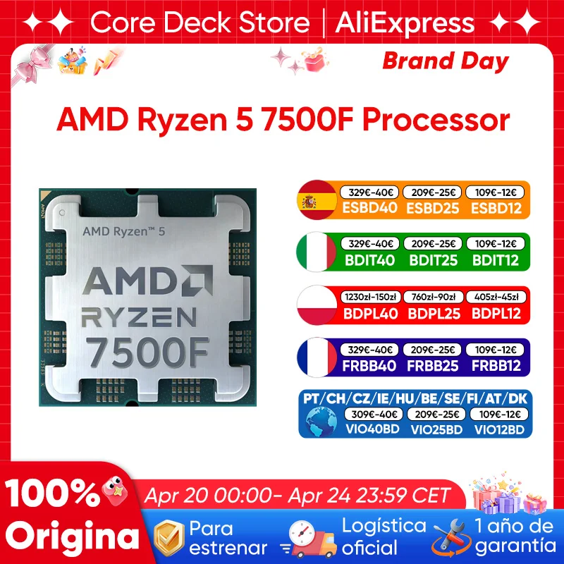 Processeur AMD Ryzen 5 7500F, 5,0 GHz, 6 cœurs, 12 threads, 32 Mo de cache de jeu, 65 W, R5 7500F, socket AM5, DDR5 5200 MHz, 5 nm, sans ventilateur