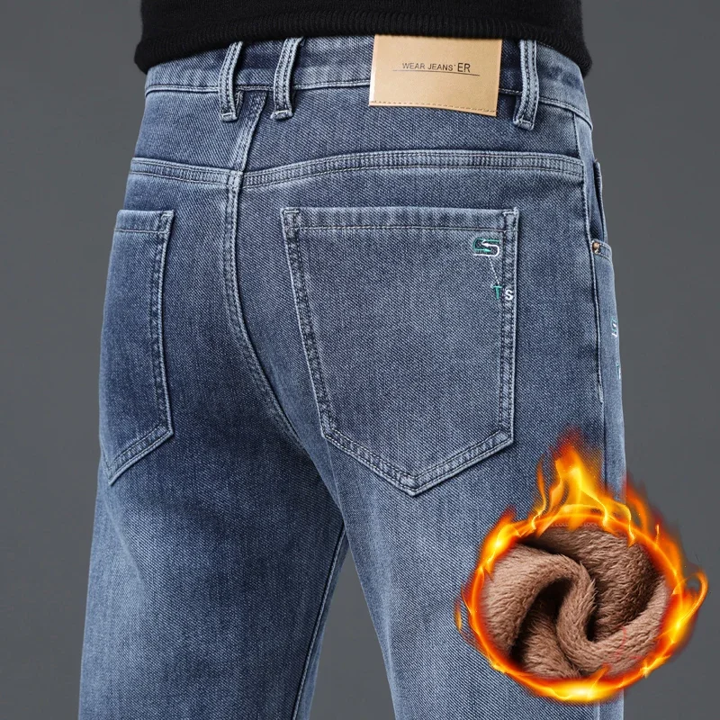 

Новые зимние мужские прямые джинсы, толстые флисовые эластичные удобные джинсовые брюки, деловые повседневные модные винтажные плюшевые брюки