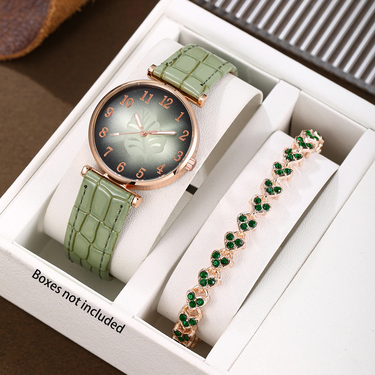 

Элегантный женский комплект часов, 2 шт./компл., один персонализированный браслет + один ремешок из искусственной кожи, циферблат с рисунком листьев