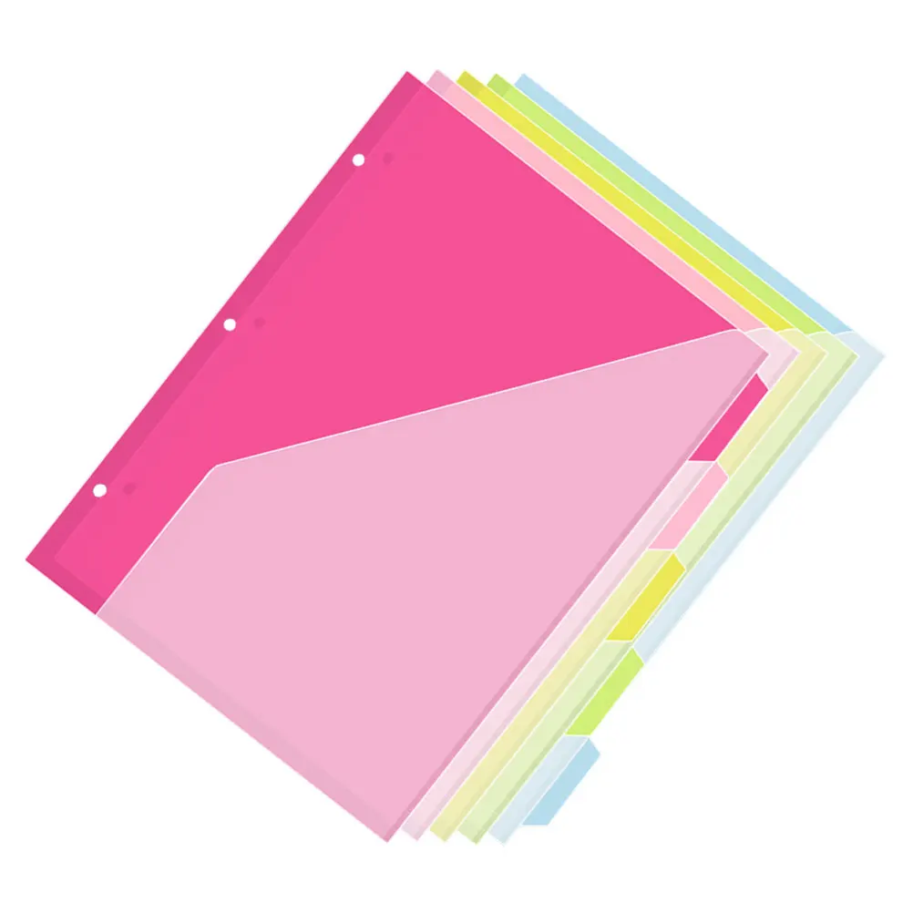 5pcs Plastic Binder Tabs Clear A4 Size Folder With Pockets Three-Hole Index Pages Binder Dividers With Tabs Pockets Pastel