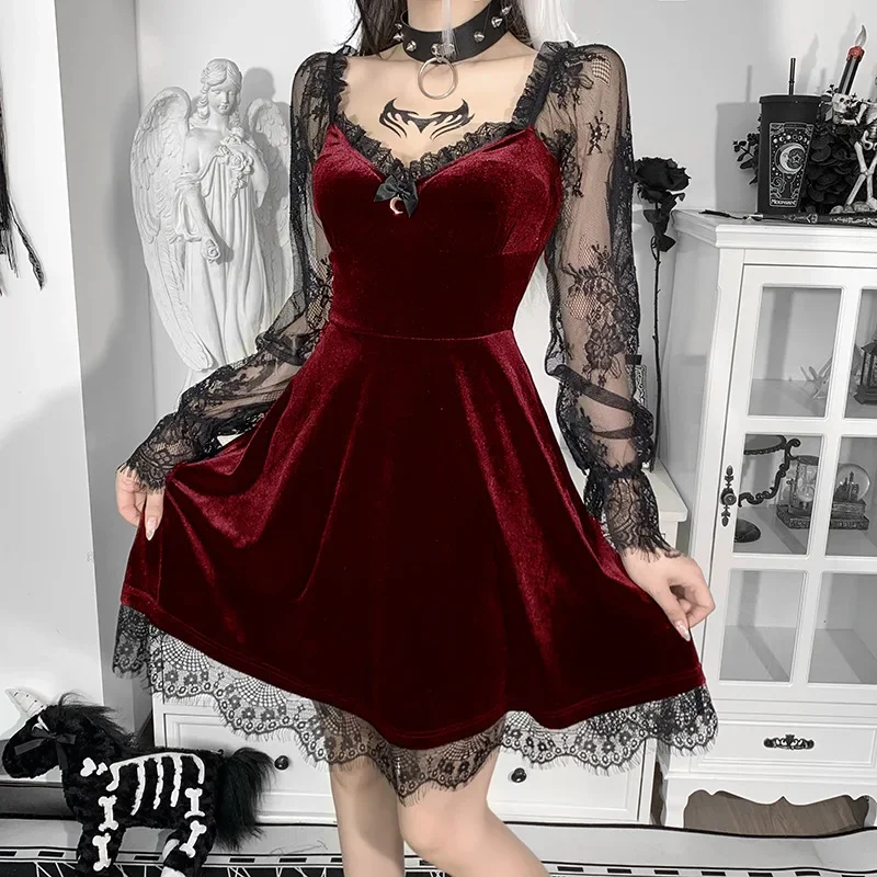 E-girl-minivestido gótico Grunge negro con adornos de encaje, vestido ajustado de cintura alta Y2K para mujer, ropa Vintage Punk Harajuku Lolita de los años 90