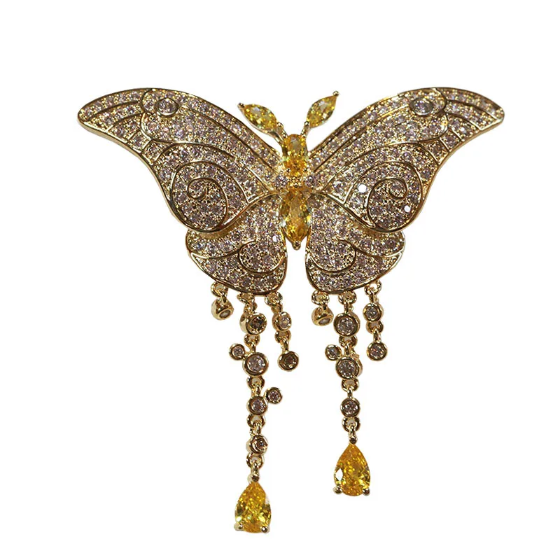 

Autumn and winter new fashion gold citrine fringed butterfly brooch femininity pin Korean luxury sweater accessories