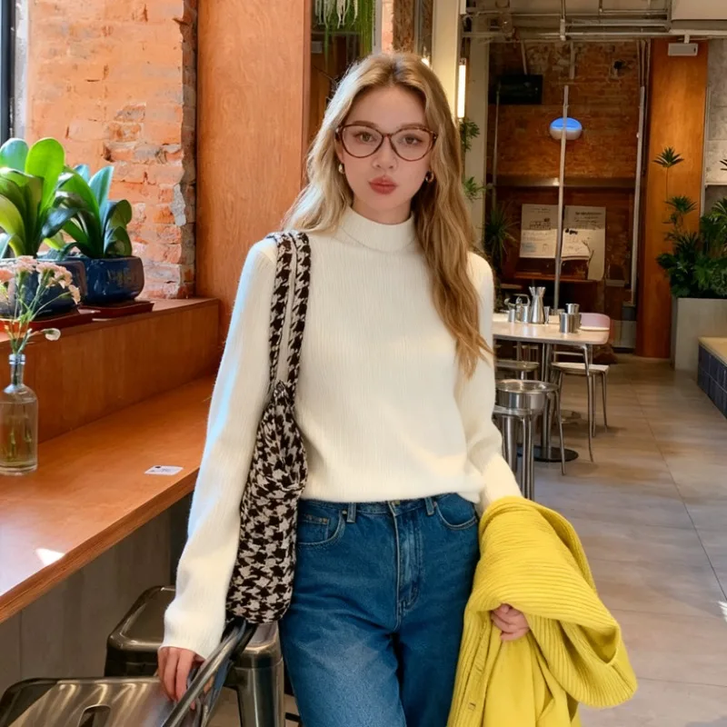 

Korean Sweet Elegant Semi High Neck Knitted Sweater Winter Thick Slim Fit Versatile One-piece Fleece Women's Pullover Base Top15