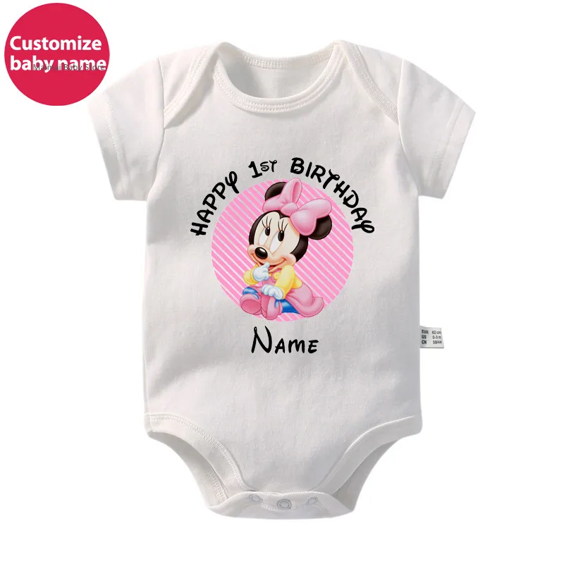 New Custom Name Baby Boys Girls Bodysuits Personalised Happy 1st Birthday Mickey Minnie Mouse Infant Birthday Rompers Gifts